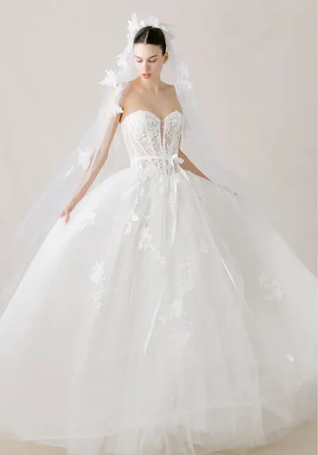 Morilee 3D Organza Feather Cathedral Length Veil, style 1055007, bridal accessory at The Castle Prom and Bridal in Spartanburg, SC