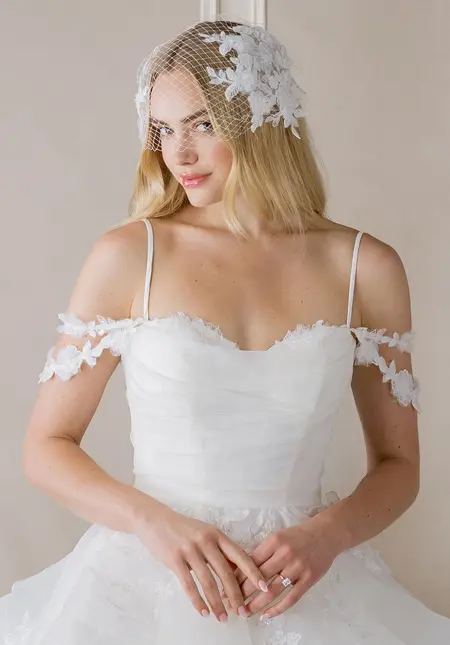 Morilee Birdcage Veil with Lace Appliqué, style 1055010, bridal accessory at The Castle Prom and Bridal in Spartanburg, SC