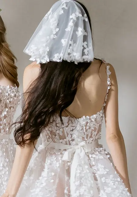 Morilee 3D Taffeta Birdcage Veil with Pearl and Crystal Details, style 1055012, bridal accessory at The Castle Prom and Bridal in Spartanburg, SC