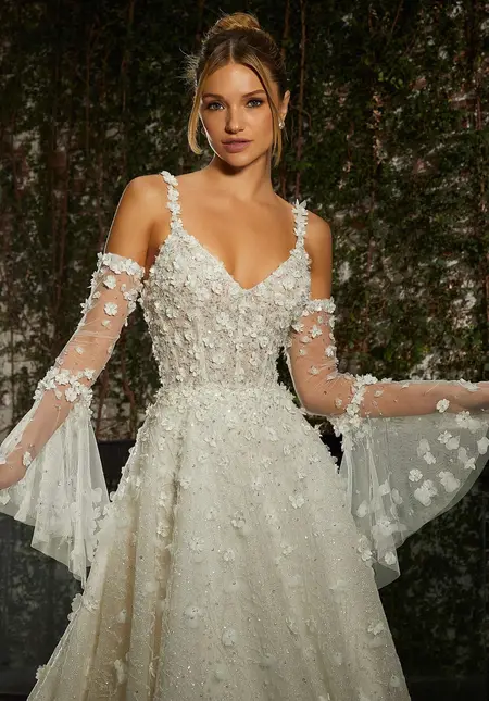 Morilee Bell Sleeves with Three-Dimensional Floral Appliqués, bridal accessory at The Castle Prom and Bridal in Spartanburg, SC