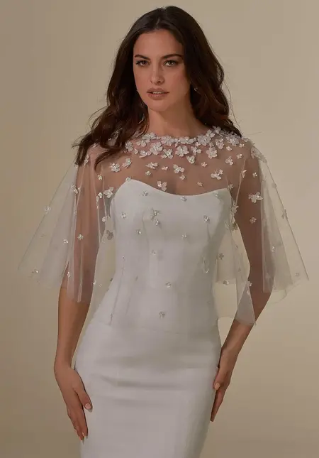 Morilee Capelet with Three-Dimensional Appliqués and Pearl Beading, bridal accessory at The Castle Prom and Bridal in Spartanburg, SC