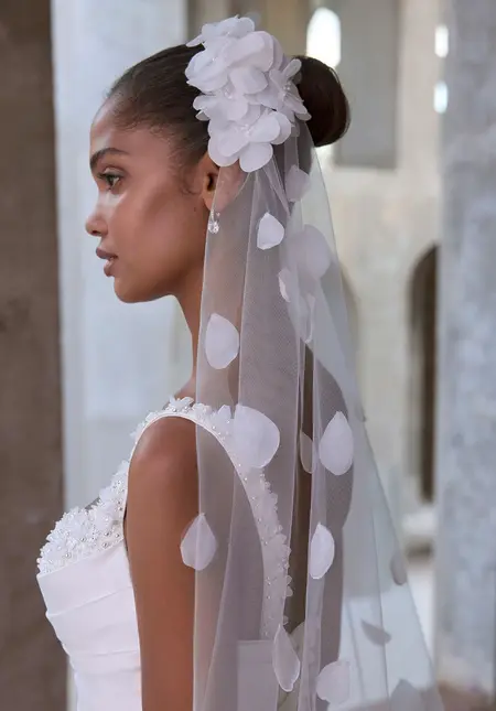 Morilee 3D Organza and Floral Petal Embroidered Tulle Cathedral Veil, style 1246, bridal accessory at The Castle Prom and Bridal in Spartanburg, SC