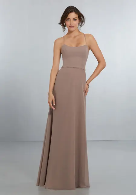 Morilee Chic Chiffon Bridesmaids Dress with Criss Cross Back, style 21559, bridesmaid dress at The Castle Prom and Bridal in Spartanburg, SC