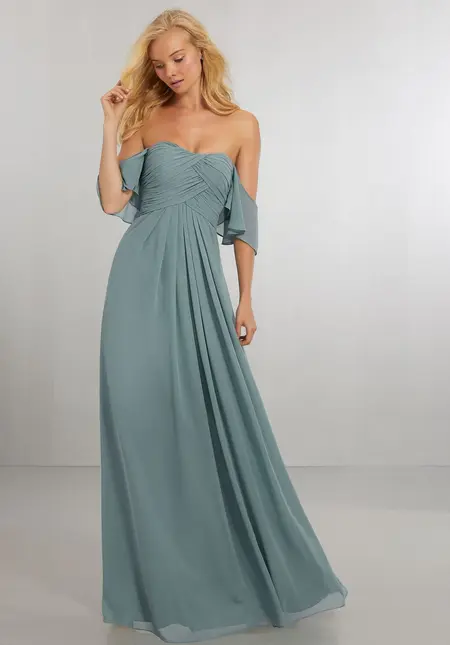 Morilee Boho Chic Chiffon Bridesmaids Dress with Off the Shoulder Ne, style 21571, bridesmaid dress at The Castle Prom and Bridal in Spartanburg, SC