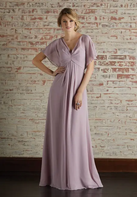 Morilee Chiffon Bridesmaid Dress with Capelet Style Sleeves and V-Ne, style 21594, bridesmaid dress at The Castle Prom and Bridal in Spartanburg, SC