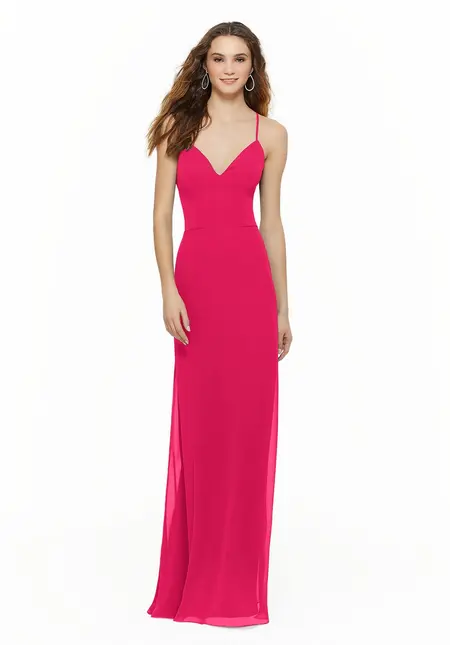 Morilee Chiffon Bridesmaid Dress with Deep V-Neck and Spaghetti Stra, style 21634, bridesmaid dress at The Castle Prom and Bridal in Spartanburg, SC