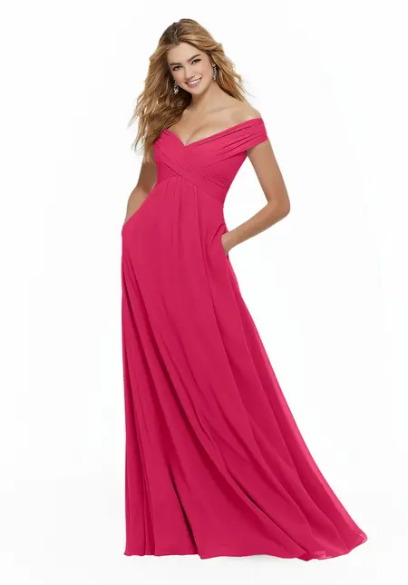 Morilee Chiffon Bridesmaid Dress with Classic Off the Shoulder Neckl, style 21646, bridesmaid dress at The Castle Prom and Bridal in Spartanburg, SC