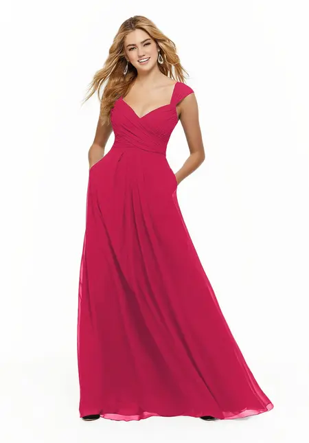 Morilee Chiffon Bridesmaid Dress with Ruched Draped Bodice and Watte, style 21647, bridesmaid dress at The Castle Prom and Bridal in Spartanburg, SC