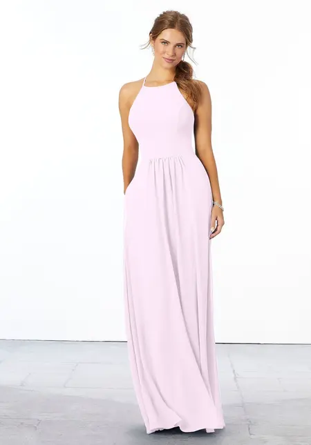Morilee Chiffon Bridesmaid Dress with High Halter Neckline, style 21666, bridesmaid dress at The Castle Prom and Bridal in Spartanburg, SC