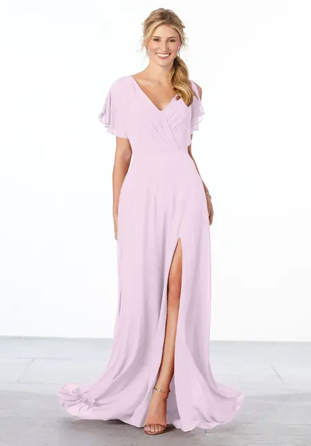 Morilee Chiffon Bridesmaid Dress with Flutter Sleeve and Front Slit, style 21667, bridesmaid dress at The Castle Prom and Bridal in Spartanburg, SC