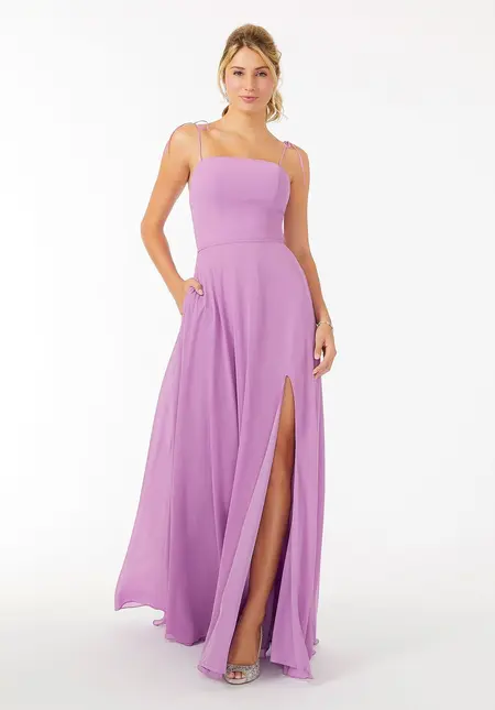 Morilee Chiffon Bridesmaid Dress with Front Slit and Keyhole Back, style 21705, bridesmaid dress at The Castle Prom and Bridal in Spartanburg, SC