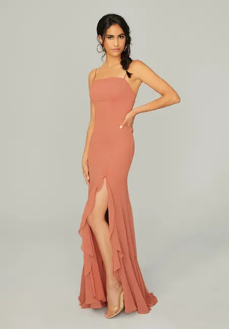 Morilee Chiffon Bridesmaid Dress with Ruffled Skirt Slit, style 21752, bridesmaid dress at The Castle Prom and Bridal in Spartanburg, SC