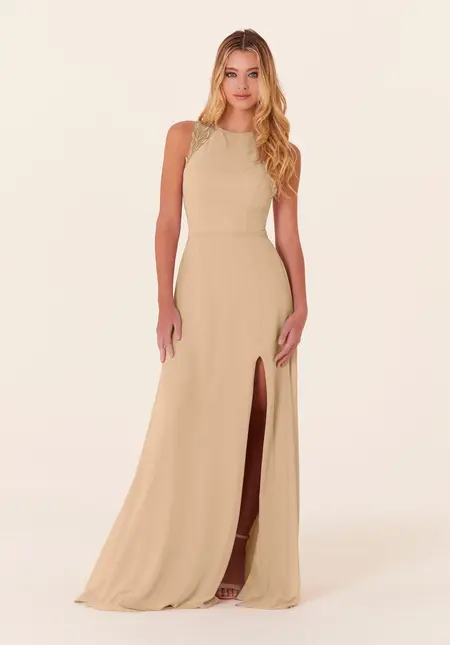 Morilee Chiffon Bridesmaid Dress with Leafy Appliqués, style 21826, bridesmaid dress at The Castle Prom and Bridal in Spartanburg, SC