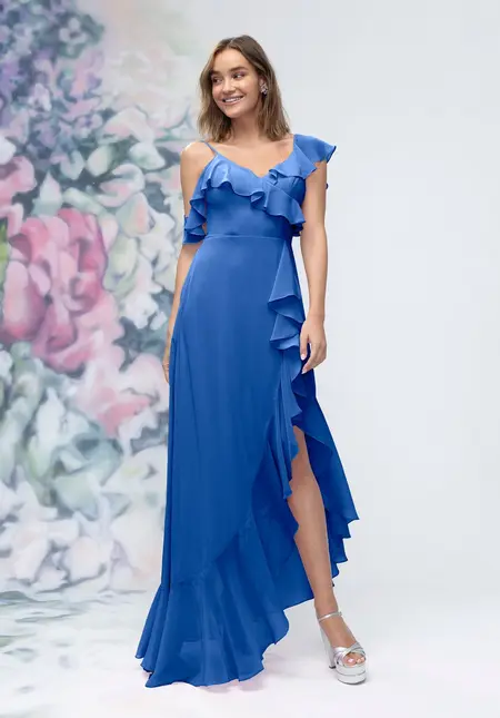 Morilee Asymmetrical Cascading Ruffle Chiffon Bridesmaid Dress, style 3030010, bridesmaid dress at The Castle Prom and Bridal in Spartanburg, SC