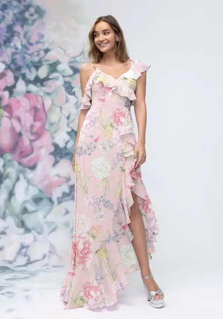 Morilee Asymmetric Ruffle Floral Printed Chiffon Bridesmaid Dress, style 3030022, bridesmaid dress at The Castle Prom and Bridal in Spartanburg, SC